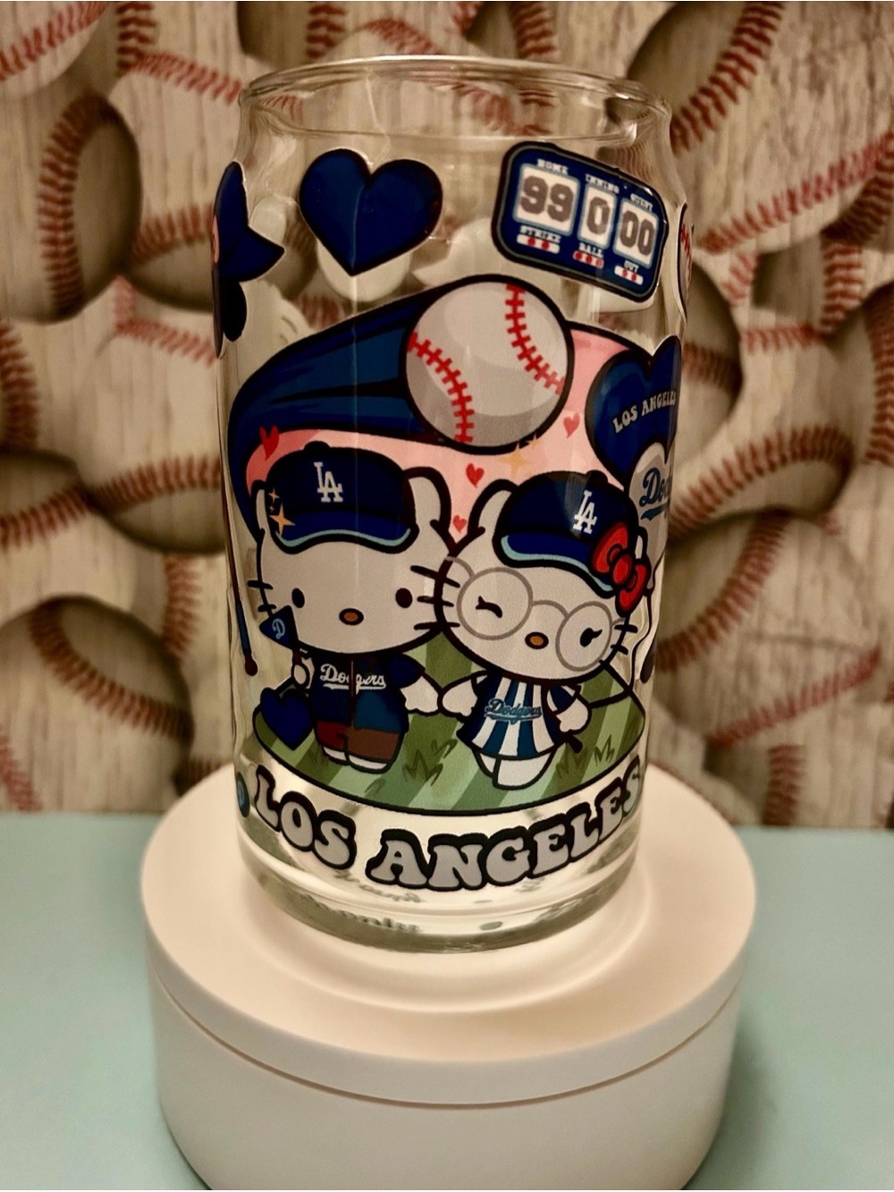Hello Kitty & Dear Daniel x Los Angeles Dodgers Baseball Glass Cup w/Lid & Straw